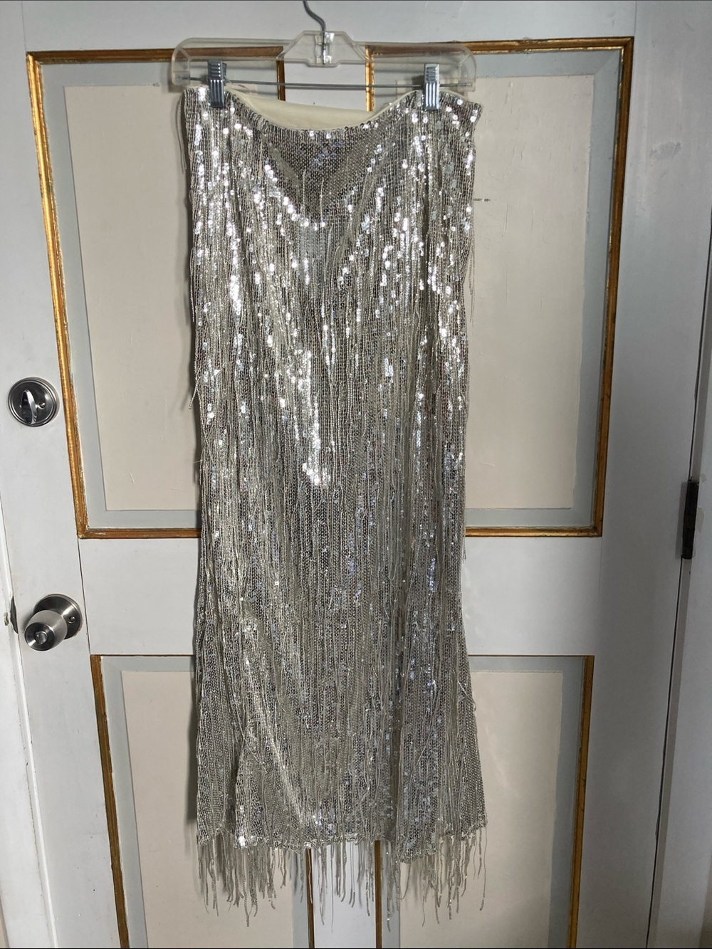 Silver Sequin Fringe Midi Dress - Shimmering Evening Slip